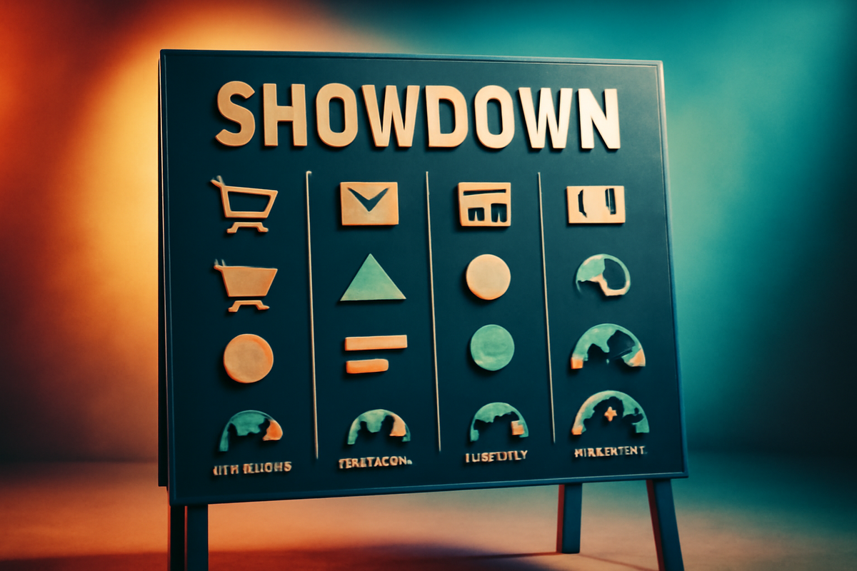 Showdown board with four clean columns of icons comparing routes—online rush, invite draw, big-box store, ticket line—stock, timing, limits, win-rate at a glance, decisive clarity