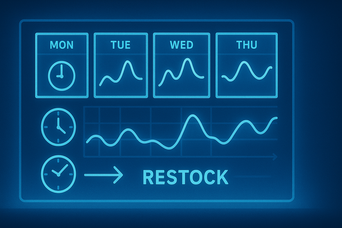 Restock timing dashboard—weekday tiles with peaks on Tue/Thu, clocks at 10:00 and 14:00, arrow to “RESTOCK”—data-driven clarity, calm confidence, pattern-spotting insight
