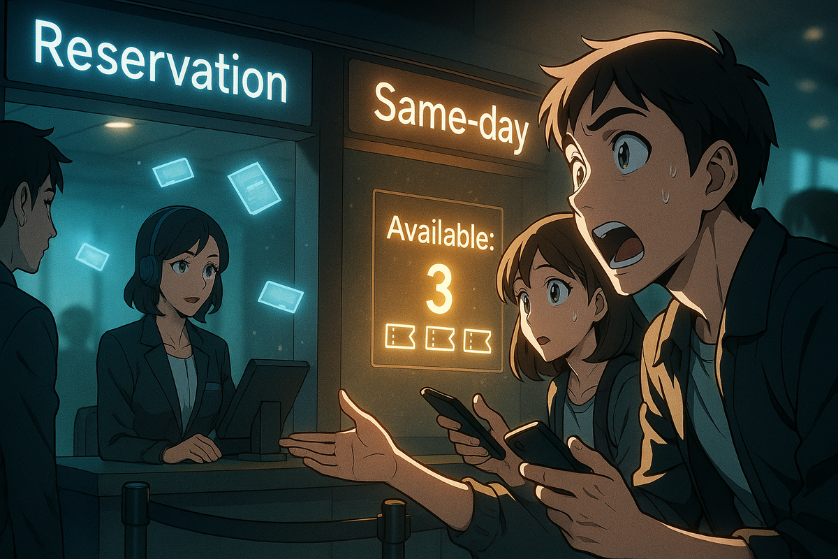 Reservation vs Same-day counters under moody lights—display shows “Available: 3,” anxious walk-ins clutch phones—last-minute chance, sweaty palms, adrenaline countdown