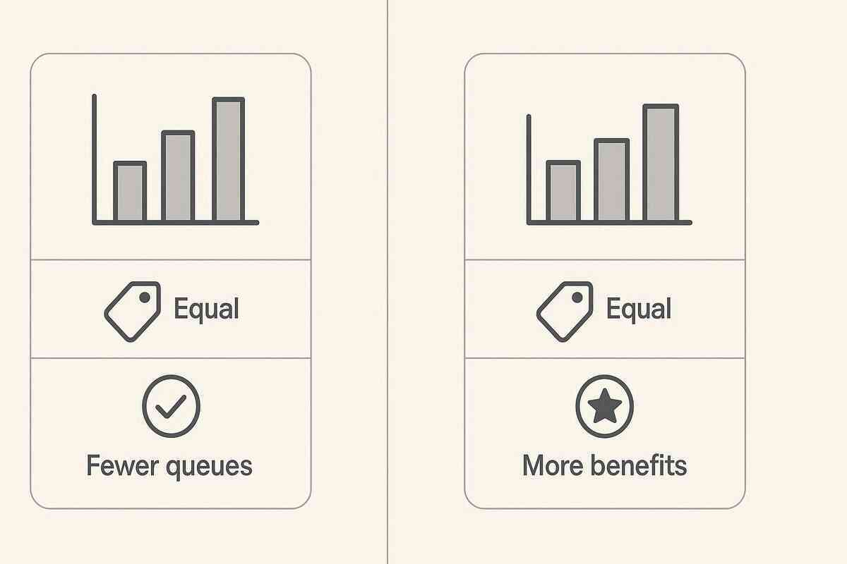 Side-by-side store choice cards—equal price tags, one promises fewer queues, the other more benefits—clean comparison, decisive calm, choose-what-matters energy