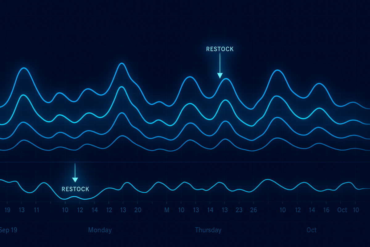 Glow-blue line chart from Sep 19 to Oct showing sell-out dips and weekday restock spikes—calm analytics, pattern-spotting clarity, data-driven confidence for timing your visit