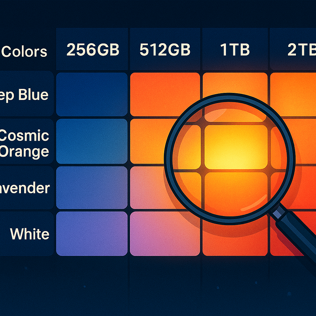 Color × capacity heat map—deep blue, cosmic orange, lavender, white vs 256GB/512GB/1TB/2TB—hot cells blaze “hard to get,” magnifier on the rare combo—instant comparison thrill