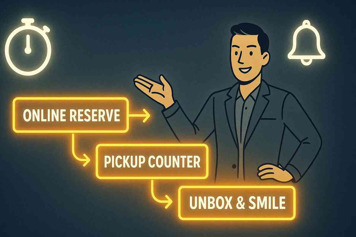 Neon three-step path—ONLINE RESERVE → PICKUP COUNTER → UNBOX & SMILE—stopwatch and alert bell icons—actionable, now-or-never guidance with upbeat momentum