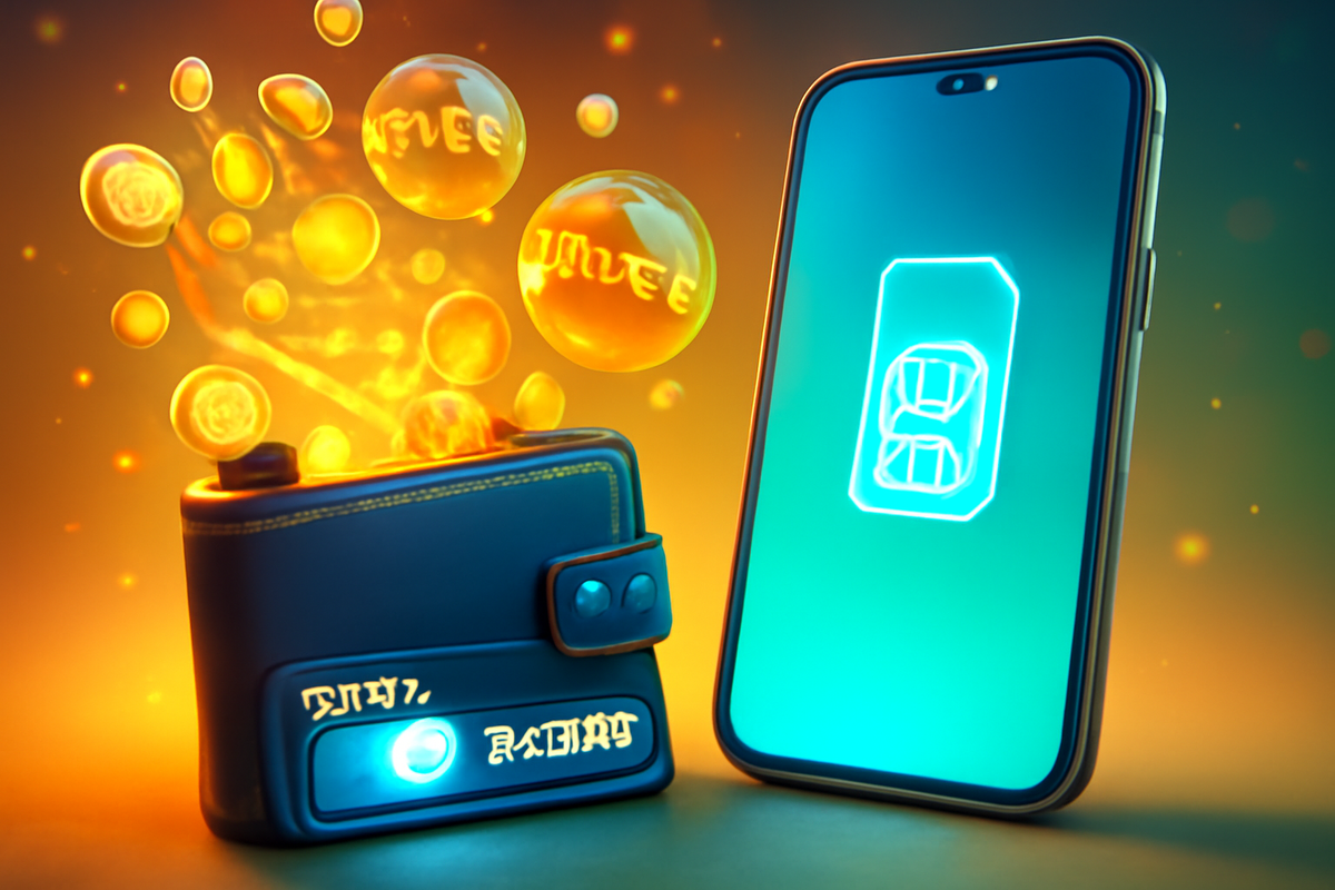 Golden points and cashback orbs swirling into a wallet beside a premium smartphone and SIM icon—value-maximizing glow, savings joy, smart money optimization vibe