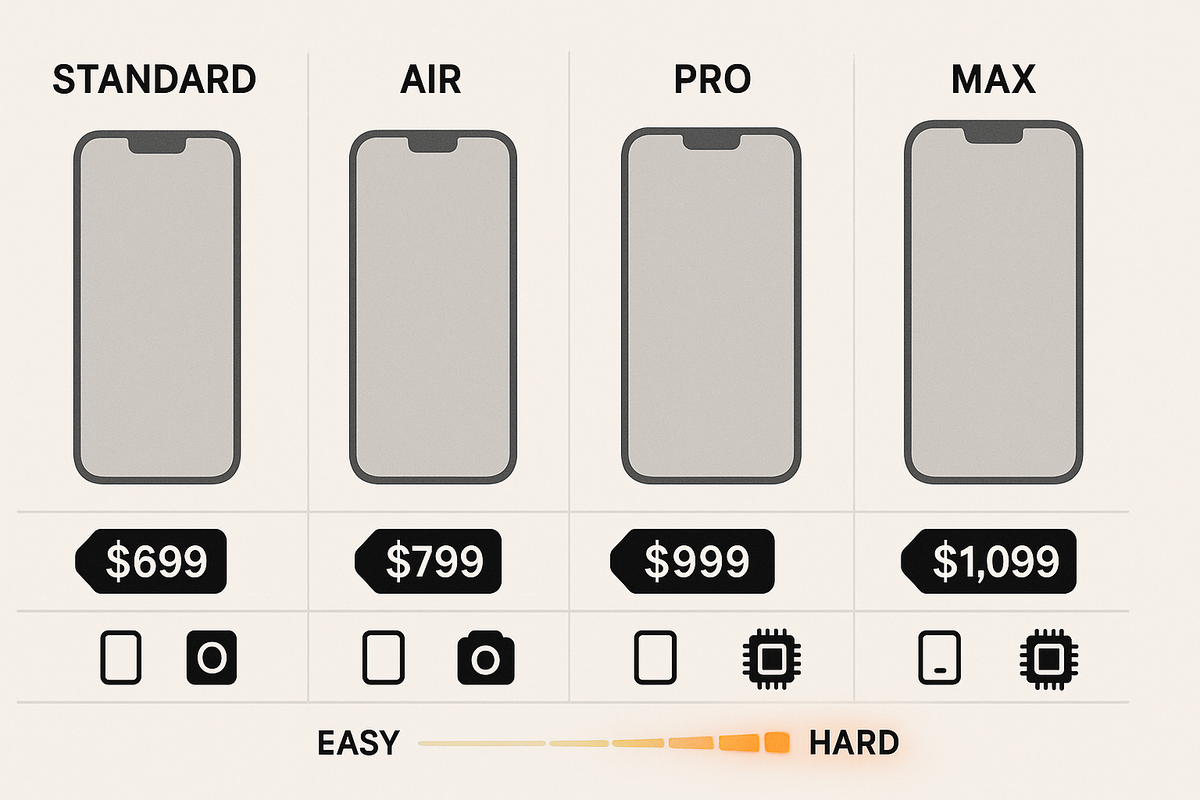 Clean four-model comparison—Standard/Air/Pro/Max with prices, spec icons, and EASY→HARD difficulty bar—decisive, no-nonsense chooser visual for iPhone lineup