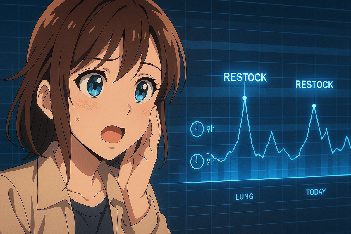 Anime-style analyst before a glowing chart—RESTOCK spikes marked with clock icons—surprised joy, data-driven hope, timing confidence for weekend morning drops