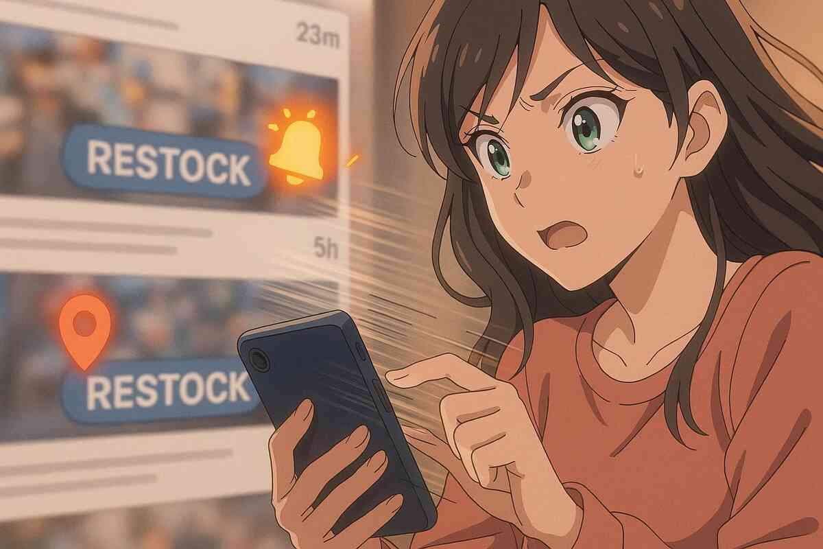 User slams a phone as RESTOCK alerts and pins flash across a feed—swift swipe motion, alert-bell glow—real-time monitoring, adrenaline chase for in-store pickups