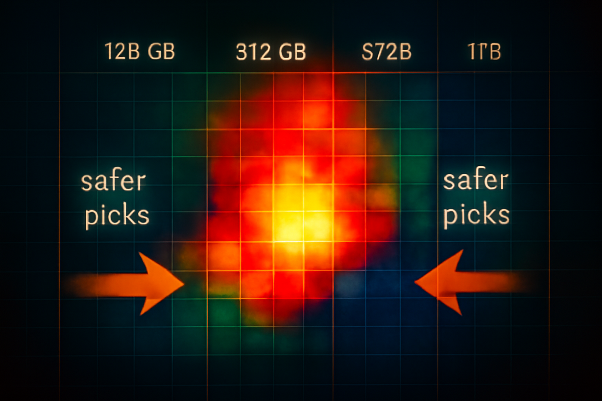 Blazing heat map of color × capacity—rare combos burn red, arrows toward safer picks—strategy-at-a-glance, smart choice clarity, scarcity drama
