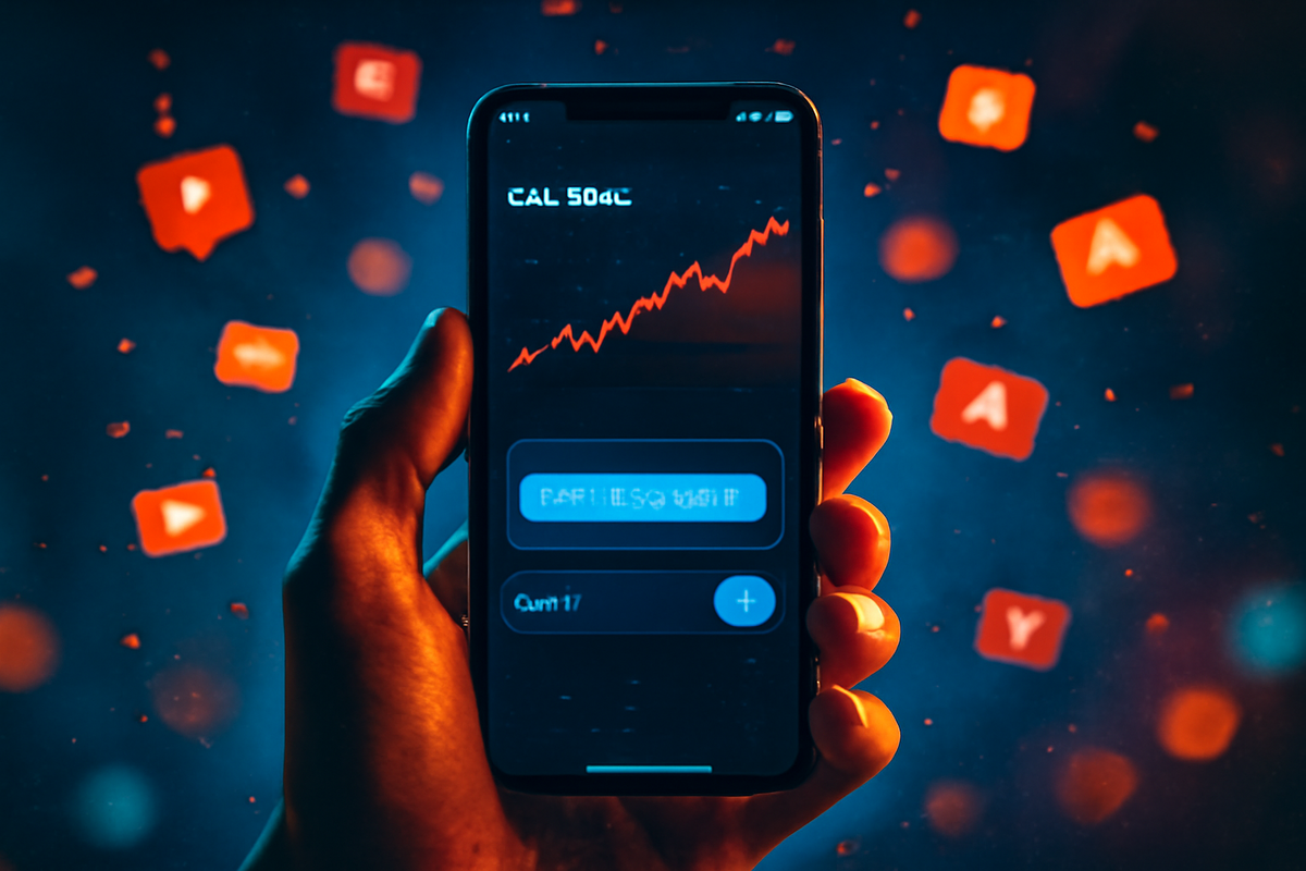 Hand holding a phone UI with a rising red trend line, social icons swirling—momentum surge, viral buzz, tap-now conviction for stock-tracking wins