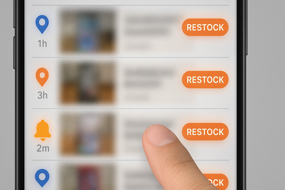 Close-up smartphone feed with glowing “RESTOCK” buttons and alert icons—finger about to tap—heartbeat urgency, fear of missing out, lightning-fast action