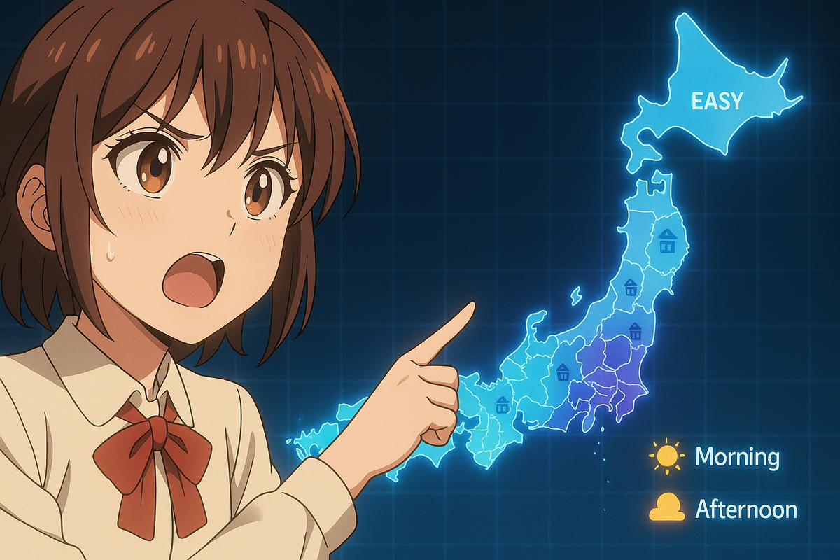 Animated shopper pointing at a Japan map heatmap—regions marked EASY and morning/afternoon icons—clear regional restock odds, decisive weekend hunt vibe