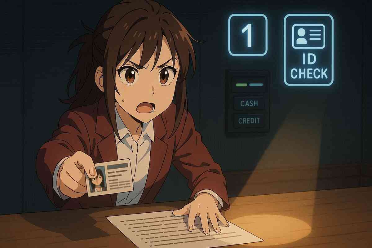 Strict checkout counter scene—clerk demands photo ID, cash/credit panel lit, one-per-person rule implied—tense compliance moment to prevent resellers