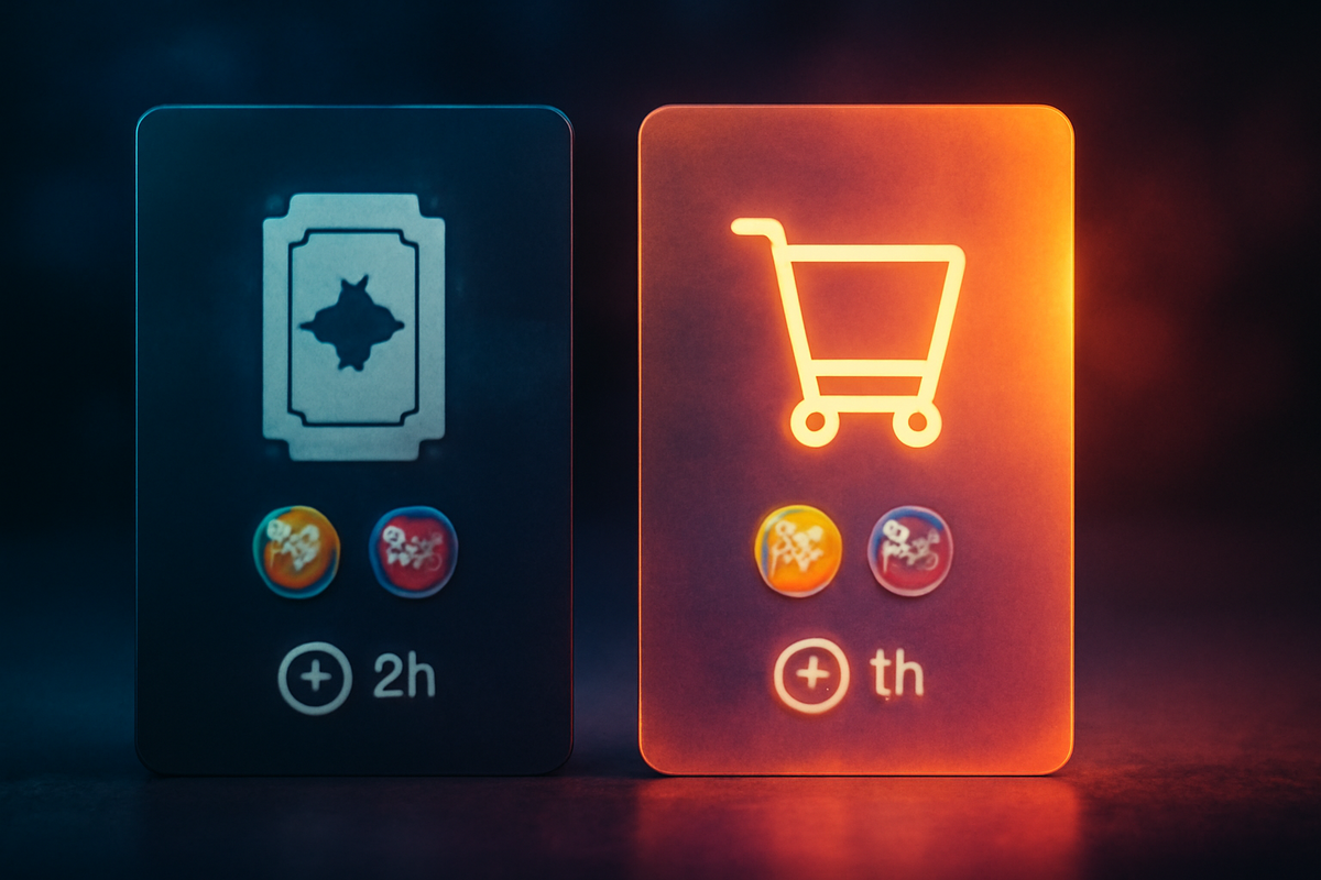Choice cards glowing in the dark—lottery ticket vs shopping cart—wait-time badges beneath—strategic decision between raffle entry and in-store grab, high stakes