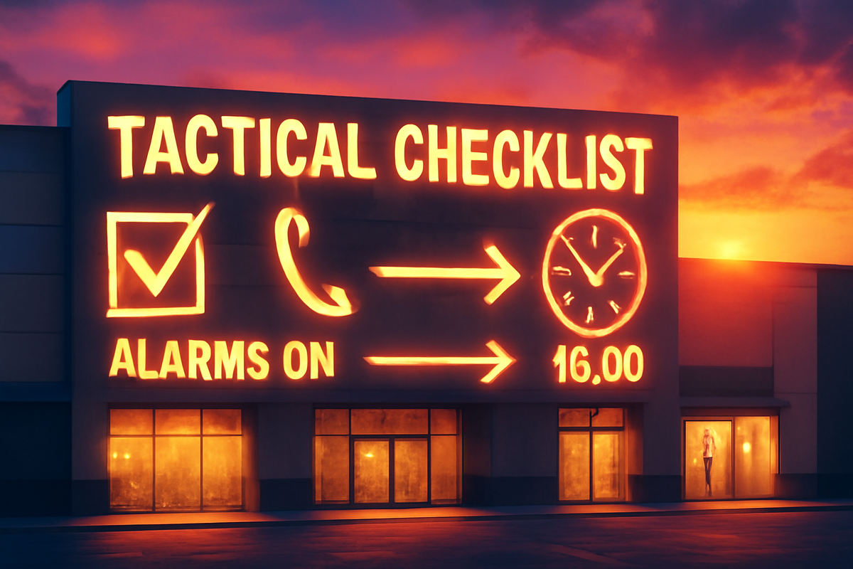 Mall facade at sunrise with giant neon “TACTICAL CHECKLIST”—alarms on, call ahead, arrive 16:00—battle plan for weekend guerrilla stock, motivated go-time energy