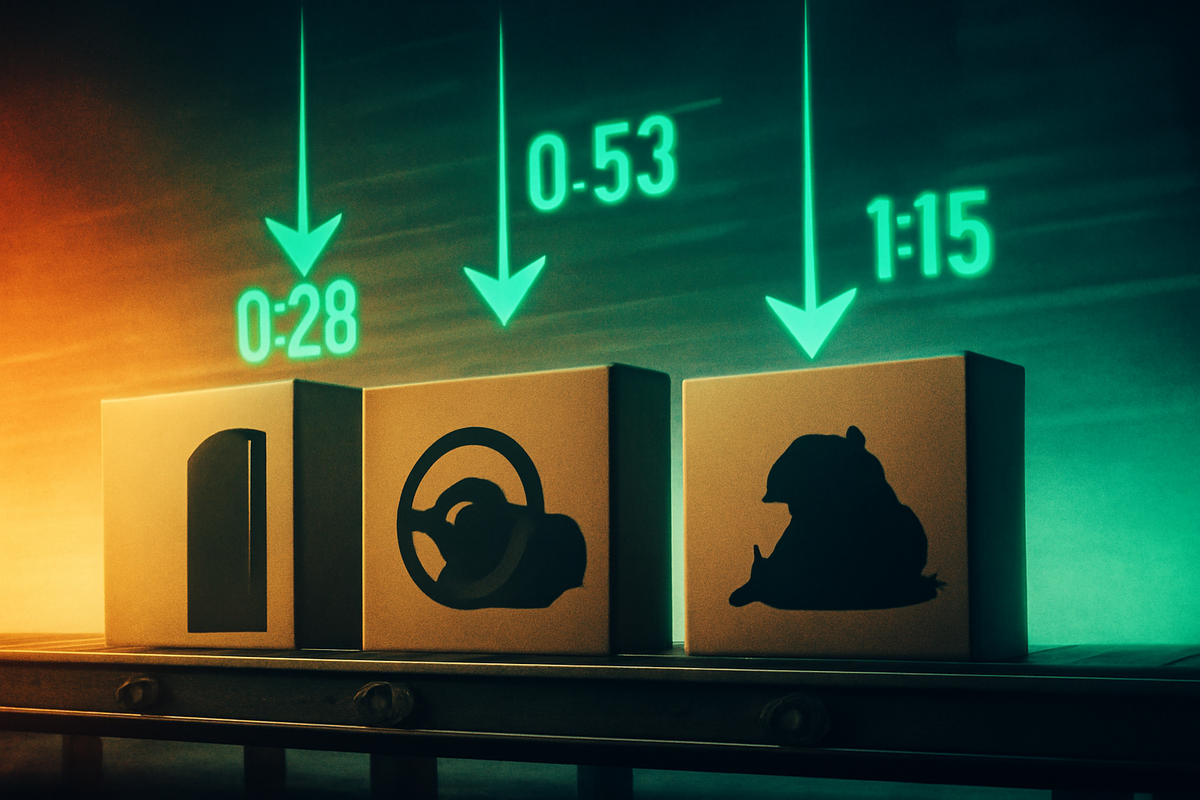 Product lineup silhouettes on a conveyor with glowing timers 0:28 / 0:53 / 1:15—single unit → bundle → special edition—staggered release waves, thrilling chase