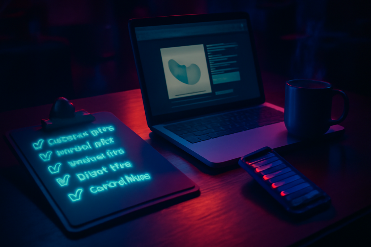 Night war-room desk—glowing pre-buy checklist (account, card, address, digits, calm mode), laptop checkout screen, timer phone, hot coffee—disciplined readiness before the 21:00 storm