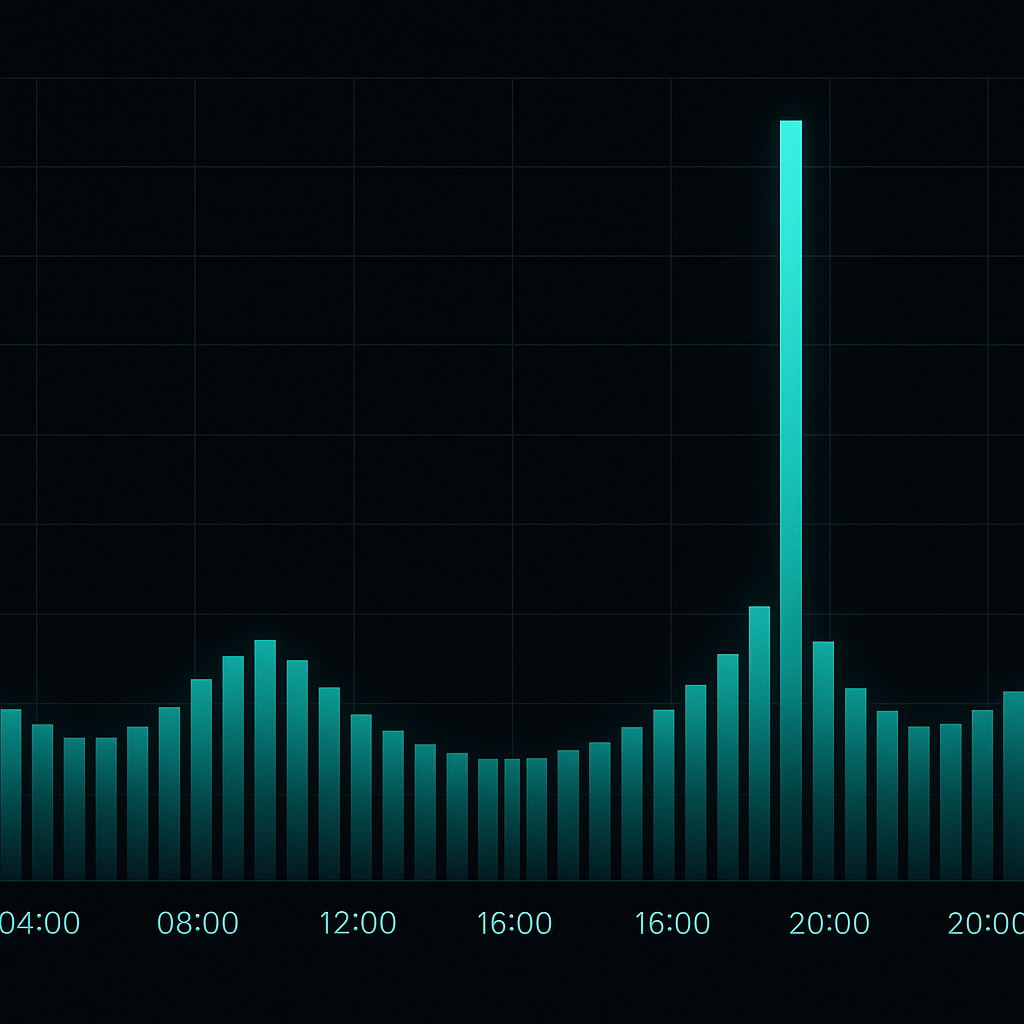Hourly bar chart with a towering evening spike—data-backed surge around 21:00, cool neon analytics, unmistakable pattern that screams “Friday night restock”