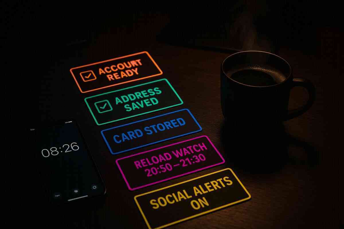 Neon preflight checklist on a dark desk—account ready, address saved, card stored, reload watch 20:50–21:30, social alerts on—calm-before-the-storm coffee vibe