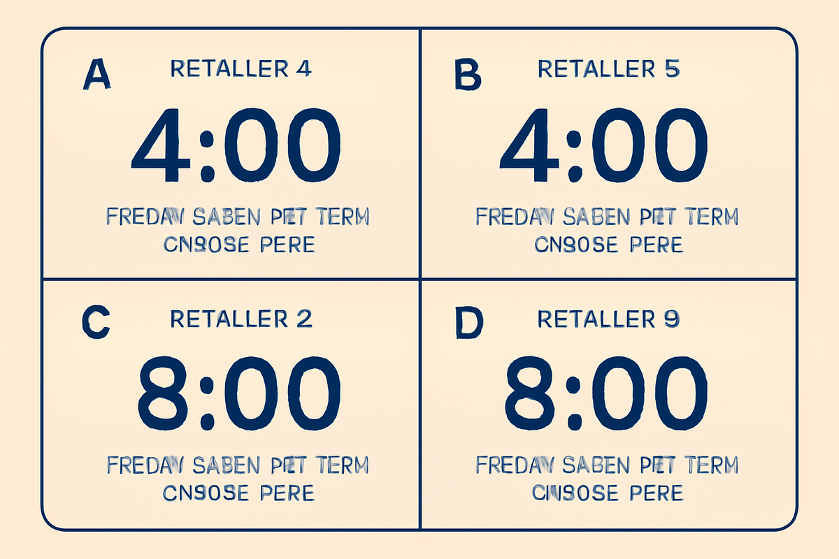 Split comparison scoreboard—four neutral retailer cards with release windows (4:00 / 8:00), clean side-by-side timing cues, decisive planning for multi-site hunts