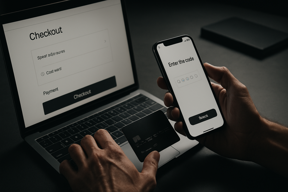 Frictionless checkout under pressure—hands with card and phone entering 3D secure code beside a clean laptop screen; calm control, secure verification, poised and decisive energy