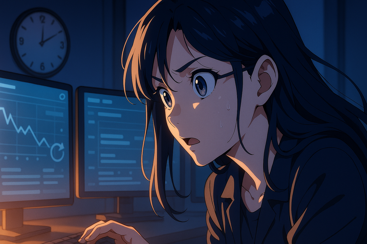 Anime-style night monitoring at 9 PM—sweat, wide eyes, dashboards dipping on dual monitors; anxious yet hopeful refresh loop, tense atmosphere, dramatic countdown vibe