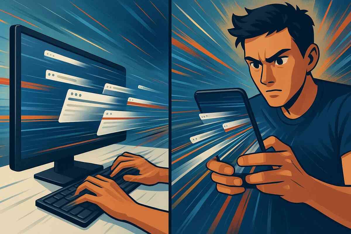 Split-screen speed-run—tabs streaking from desktop to smartphone, focused face, high-velocity multi-device strategy; competitive momentum, adrenaline, laser-sharp intent