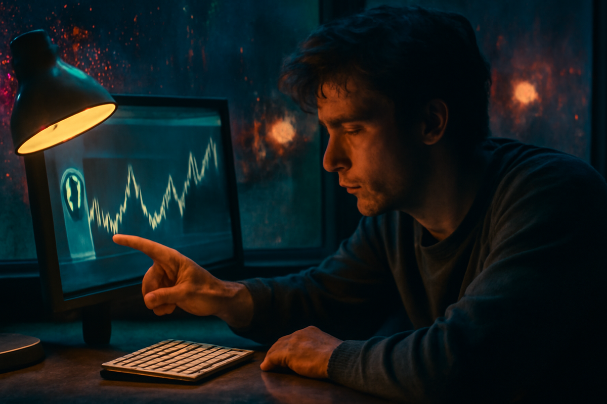 Rainy-night persistence—user tracking a wobbling stock line by lamplight, finger ready to refresh; gritty resilience, quiet hope, relentless focus after “out of stock”