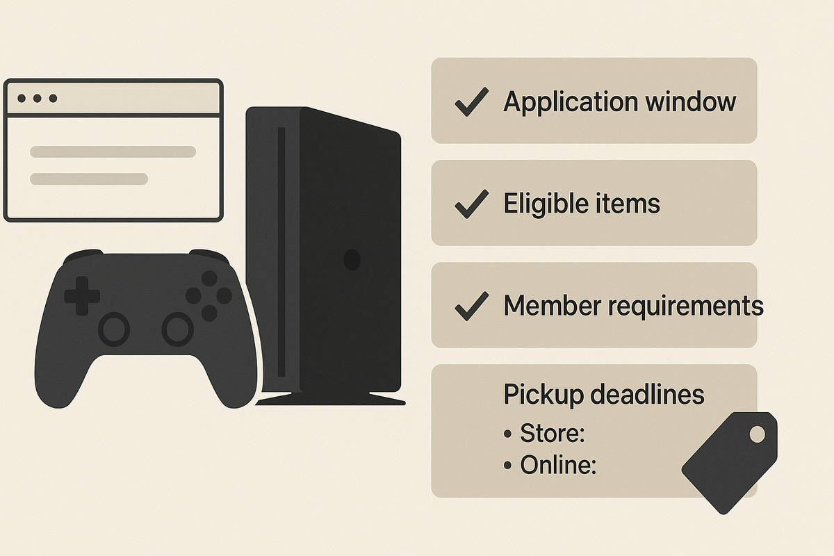 Neutral console-bundle infographic—application window, eligible items, member requirements, pickup deadlines, plain price tag—clean, decisive, checklist clarity for quick understanding