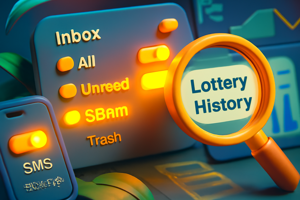 Inbox troubleshooting close-up—spam folder glowing, filter toggles on, phone SMS switch, magnifying glass over “Lottery History”—alert, vigilant, problem-solving energy