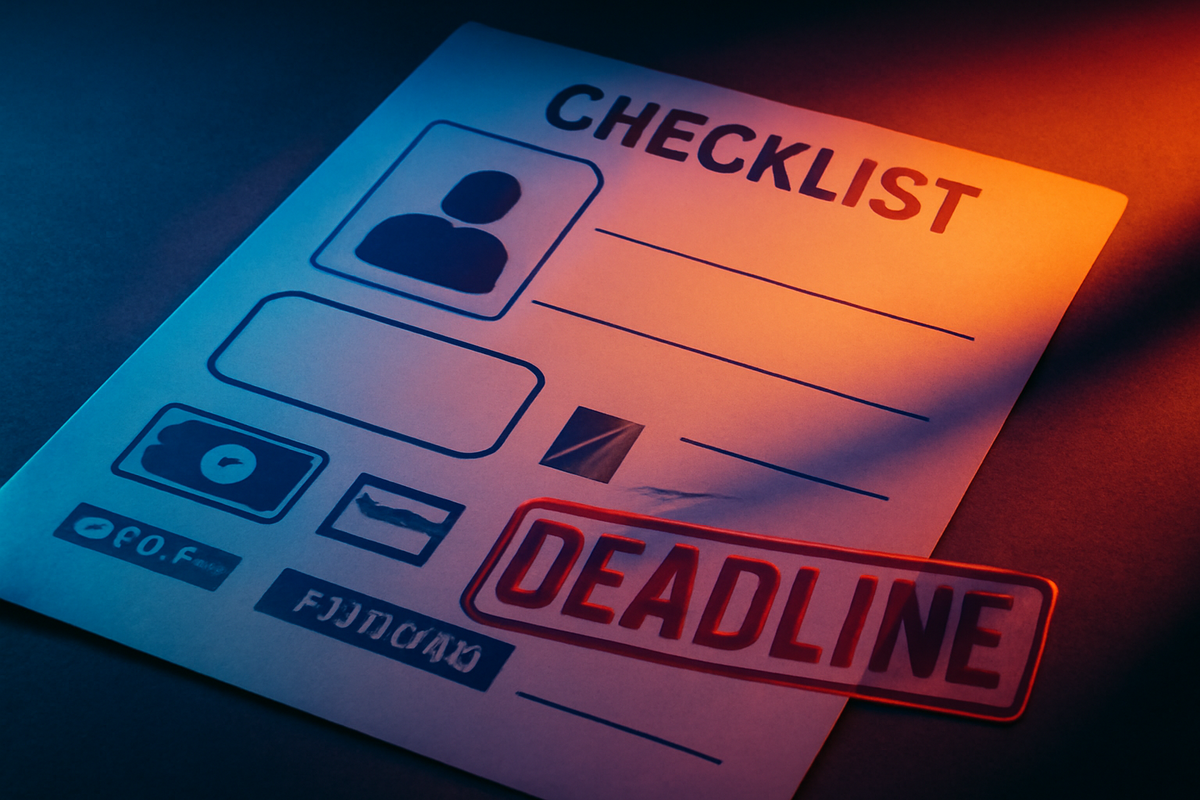 Pickup checklist under dramatic light—ID and membership icons, payment options, bold DEADLINE stamp—urgent compliance, don’t-miss warning, action-ready focus