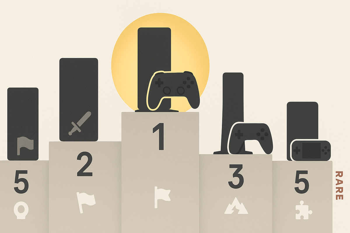 Neutral console bundles on a podium ranked 1–5—soft medal glow, “rare” marker at the edge—easiest-to-buy lineup at a glance, decisive and celebratory yet objective