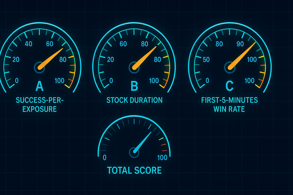 Four neon gauges—A success-per-exposure, B stock duration, C first-5-minutes win rate, and a total score dial—clear metrics, competitive energy, confident transparency