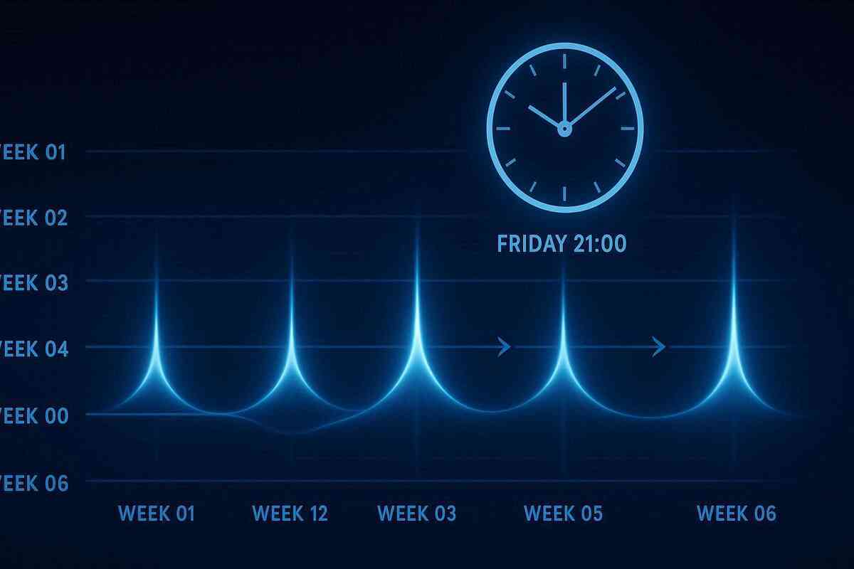 Four neon gauges—A success-per-exposure, B stock duration, C first-5-minutes win rate, and a total score dial—clear metrics, competitive energy, confident transparency