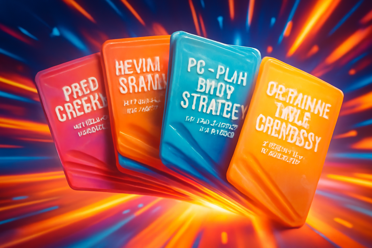 Action playbook cards fanned in motion—prep checklist, revival signals, PC/phone split, multi-entry tabs, lightning checkout—blazing speed, win-now urgency, heroic momentum