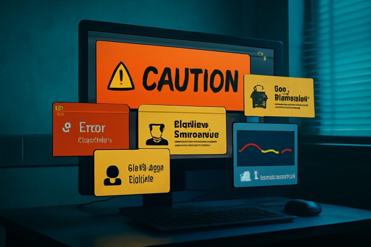 Caution tableau on a desktop—bold warning tile and generic error popups for cart complacency, duplicate-account risk, and weak alerts—preventive mindset, sober vigilance, mistake-proofing energy