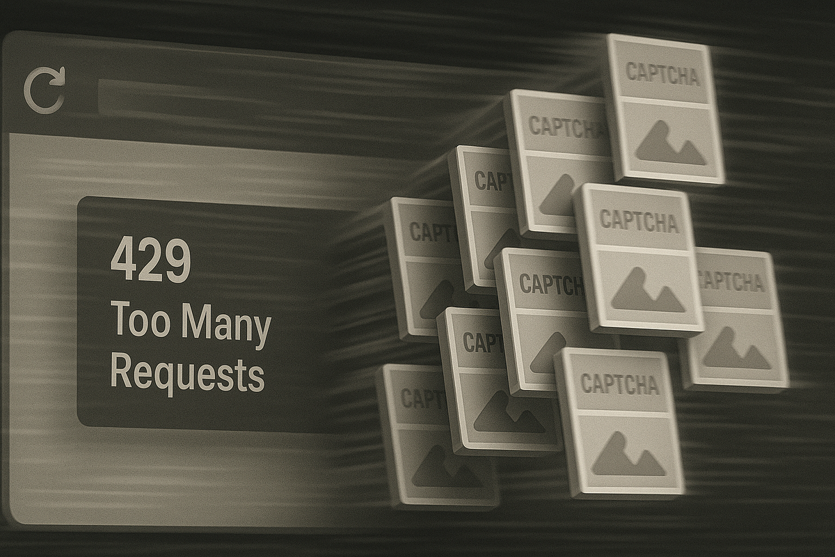 429 Too Many Requests warning with a storm of CAPTCHA tiles—relentless reload spiral, claustrophobic pressure, suffocating loop that screams slow down