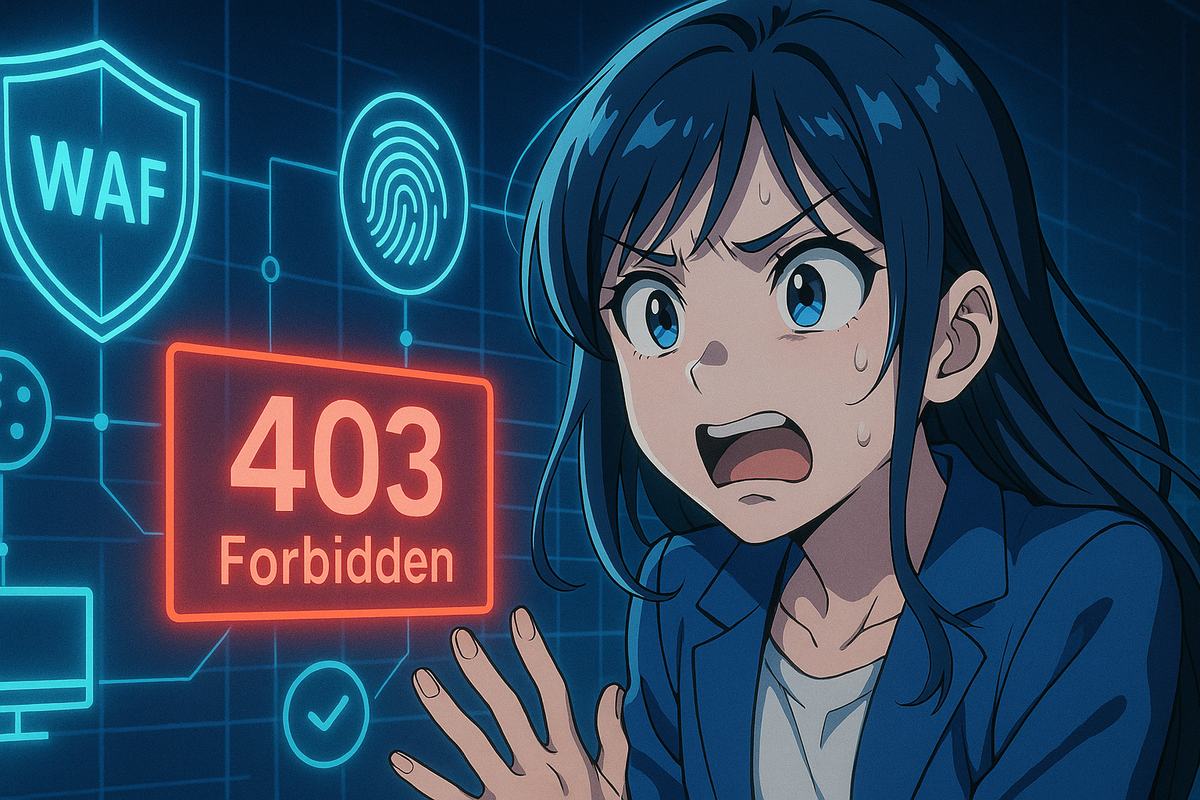 Firewall lockout drama—WAF shield and fingerprint icons light up as a neon-red “403 Forbidden” flashes; shocked user, icy security wall, crushed momentum