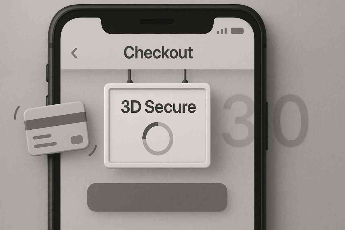 Checkout freeze on phone—3D Secure window stuck loading with a ghosted countdown and trembling card icon—high-stakes choke, breath-holding suspense, fragile hope