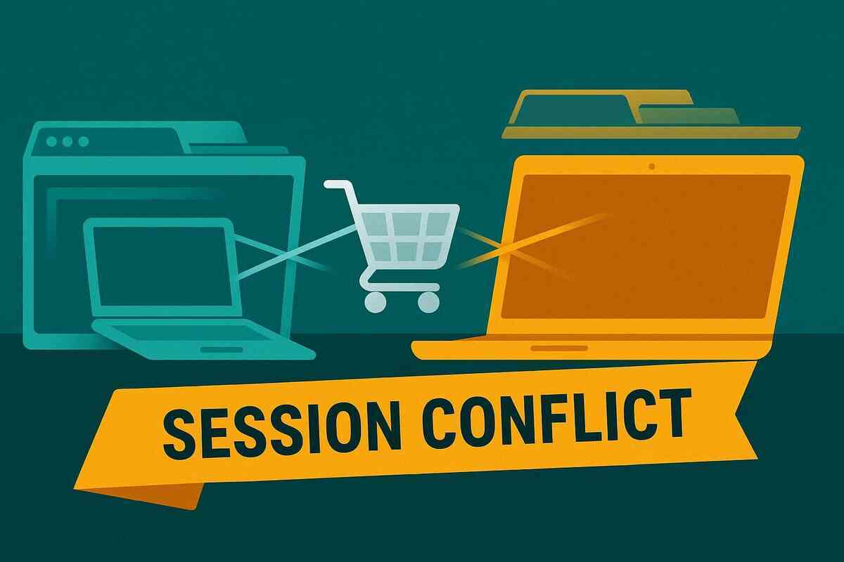 Session tug-of-war—multiple devices and tabs pulling the same shopping cart until it vanishes, bold “SESSION CONFLICT” ribbon—frustrated chaos, avoidable heartbreak