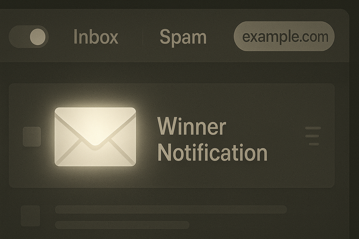 Glowing “Winner Notification” in inbox—Inbox/Spam tabs and domain chip highlighted—whitelist, double-check, decisive verification calm