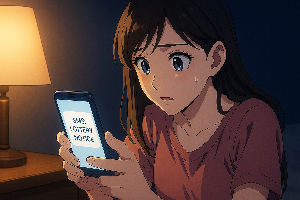Late-night SMS lottery notice—anime-style wide eyes, warm lamp vs cool screen—breath-holding tension, fragile hope, heart-racing moment