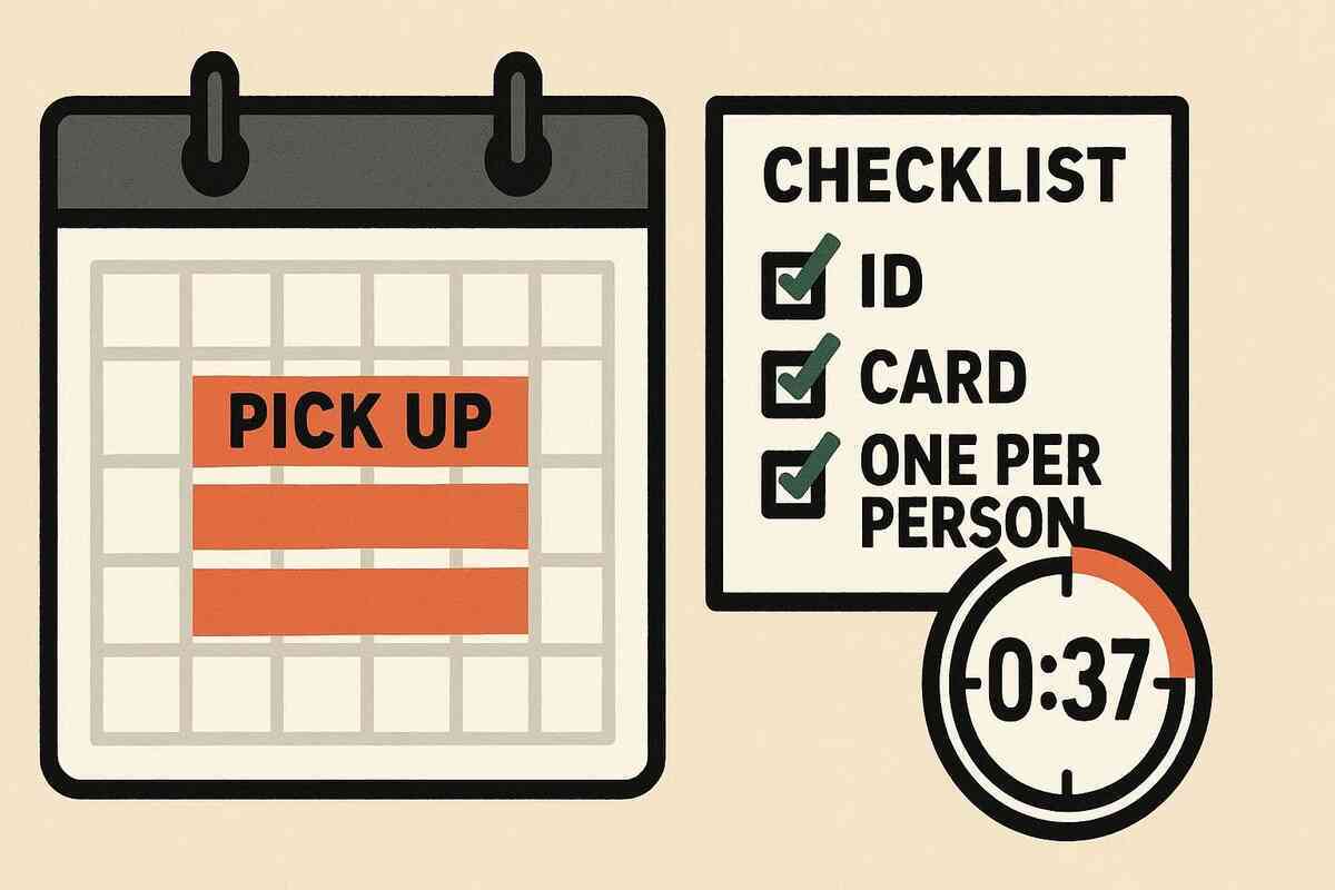 Pickup deadline checklist—calendar window bars, ID + card + one-per-person, countdown ring—don’t-miss urgency, disciplined focus