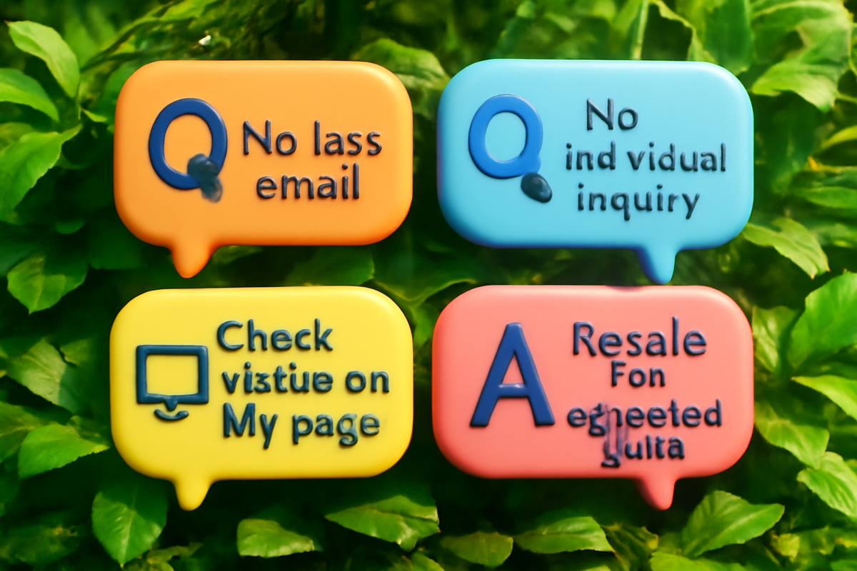 Friendly FAQ bubbles—no loss email, no individual inquiry, check My Page, resale window—reassuring guidance, honest clarity, anxiety-soothing tone