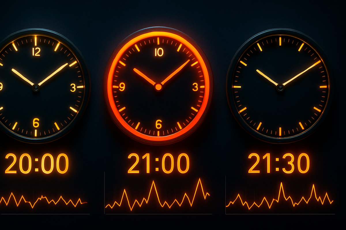 Three neon clocks 20:00 / 21:00 / 21:30 with spiking line charts—golden window alert for restock bursts, adrenaline urgency, laser focus at 21:00