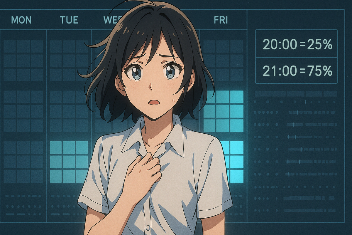 Worried user before a weekly heatmap labeled MON–FRI, side panel “20:00=25% / 21:00=75%”—data-backed odds, anxious hope, statistically charged suspense