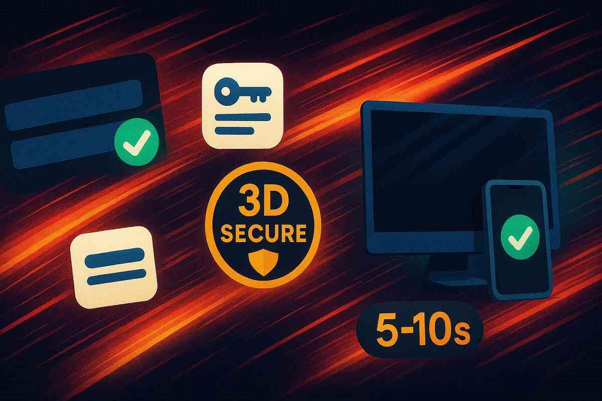 Swift purchase setup collage—auto-fill icons, key symbol, bold “3D Secure,” desktop & phone with checkmarks, “5–10s” badge—speed, safety, and clutch readiness