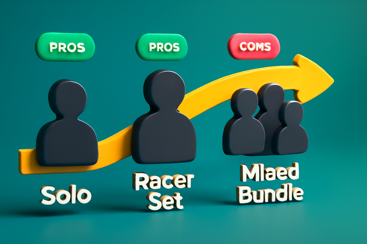 Clean comparison board—Solo console vs Racer set vs Mixed bundle, rising arrow, PROS/CONS chips—which to target first, practical clarity, confident decision energy