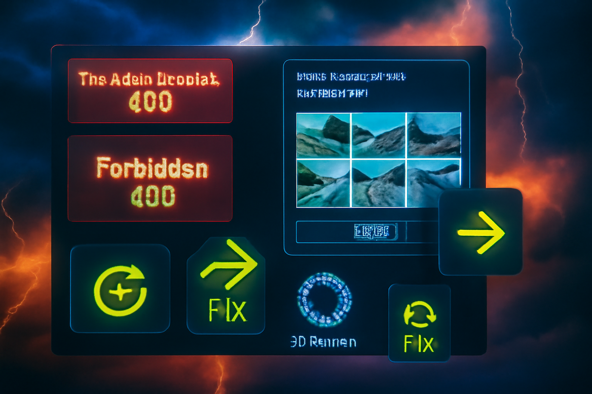 Stormy crisis-control UI—toast alerts “429” and “403,” CAPTCHA grid, glowing FIX arrows—error survival kit, resilient mindset, keep-calm-and-retry grit