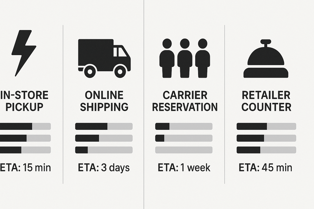 Minimal speed chart—In-store pickup vs Online shipping vs Carrier reservation vs Retailer counter, ETA bars at a glance—clear, decisive fastest-delivery guide