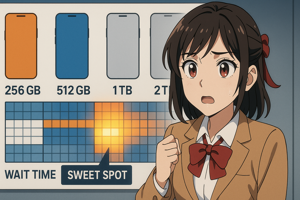 Anime shopper before color-and-storage heat map—512GB/Deep Blue sweet spot lights up—choose the combo with the shortest wait, hopeful heartbeat moment